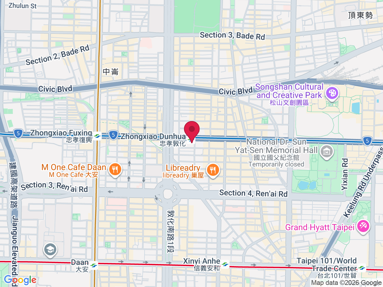 Map showing 106, Taiwan, Taipei City, Da’an District, Jianlun Village, Section 4, Zhongxiao E Rd, 166號8樓-1