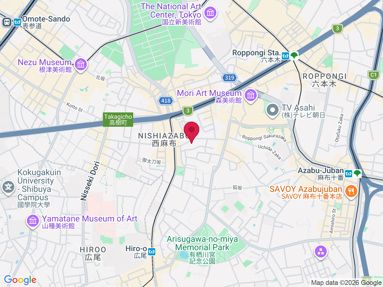 Map showing 3-chōme-16-23 Nishiazabu, Minato City, Tokyo 106-0031, Japan