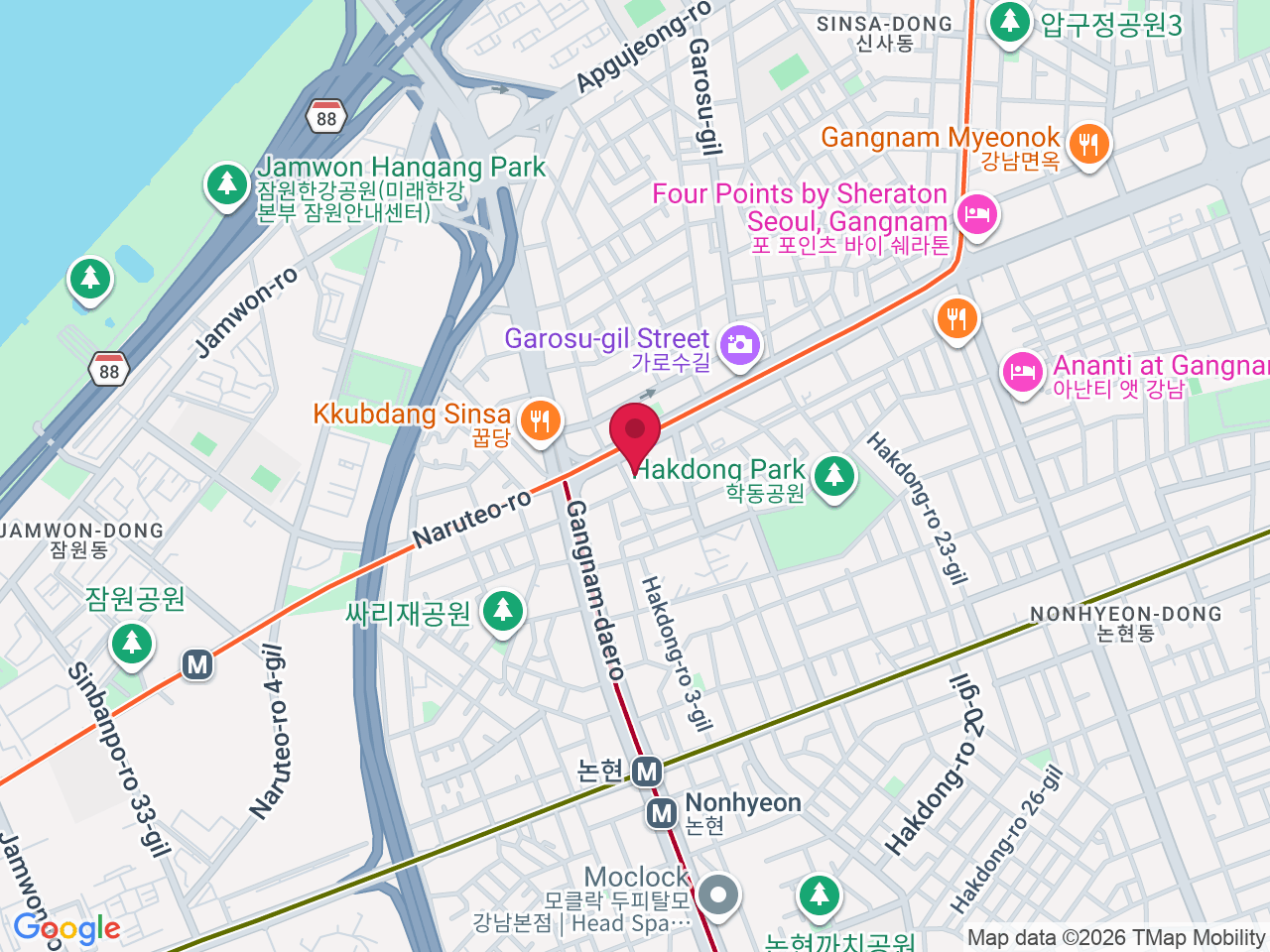 Map showing South Korea, Seoul, 치유성형외과 9층 KR 서울특별시 강남구 도산대로 110 케이비엘센터