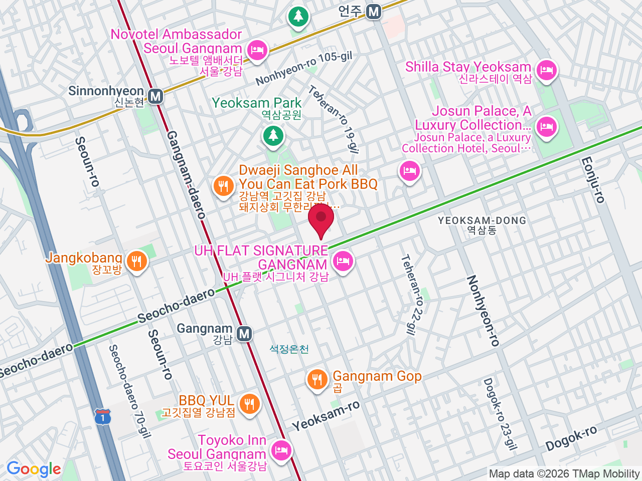 Map showing South Korea, Seoul, Gangnam District, Teheran-ro, 125 디에이성형외과 빌딩