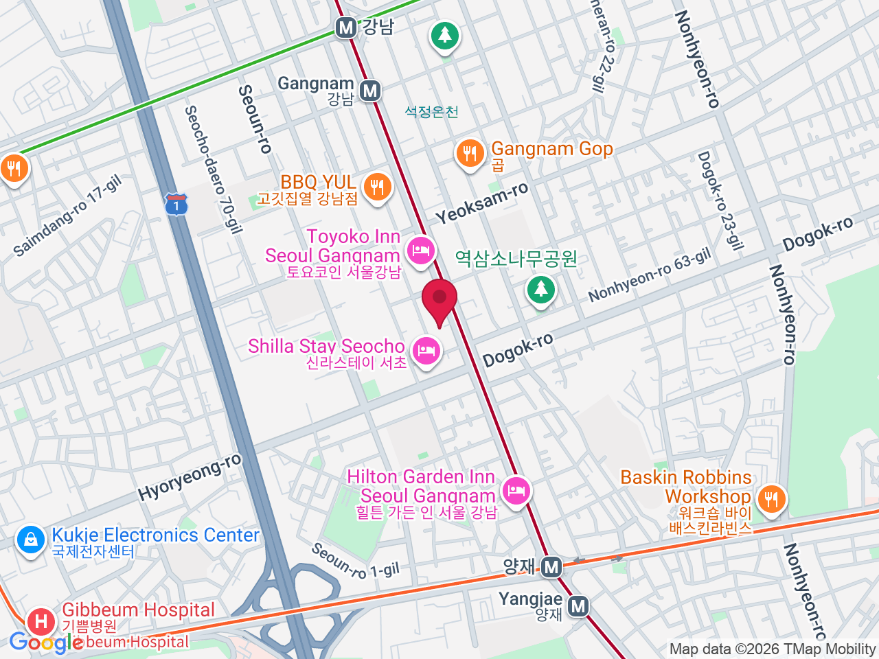 Map showing South Korea, Seoul, Seocho District, Gangnam-daero, 407 14 15층