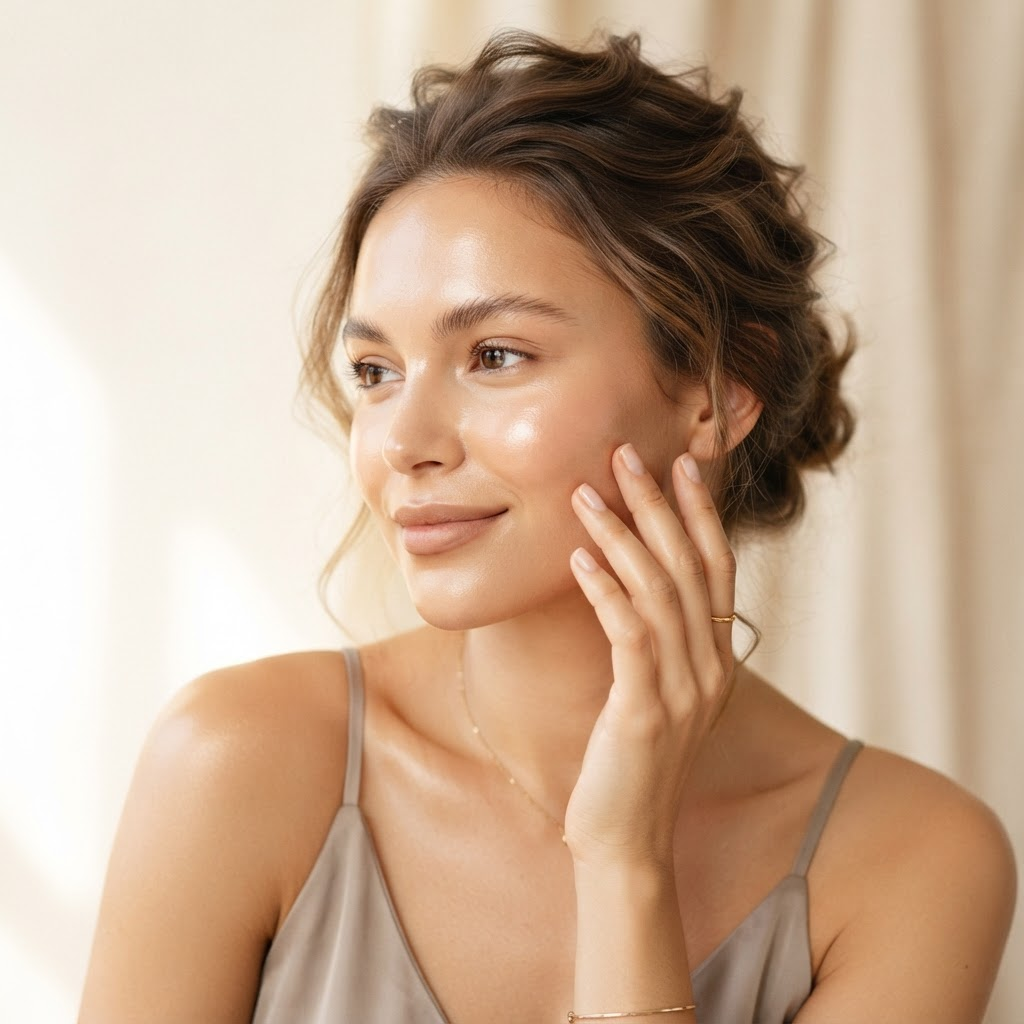 A woman with radiant, glowing skin gently touching her face